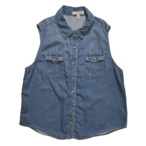 LIFE IN PROGRESS BLUE JEAN CHAMBRAY DENIM BUTTON DOWN SHIRT SLEEVELESS MEDIUM